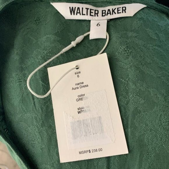 Walter Baker Retro Jacquard Aura Dress 6 Green Floral Long Sleeve V Neck Bow NEW - Picture 8 of 8